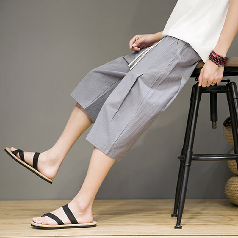 Buddha Stones Casual Summer Drawstring Solid Color Cropped Cotton Linen Men's Harem Pants With Pockets - DarkGray - US/UK/AU46，EU56 (5XL) - image 18