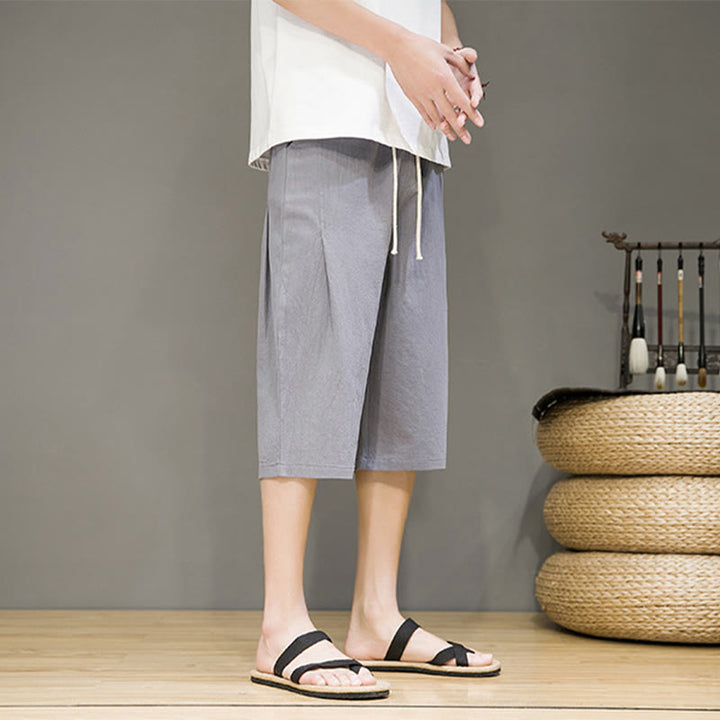 Buddha Stones Casual Summer Drawstring Solid Color Cropped Cotton Linen Men's Harem Pants With Pockets - image 21