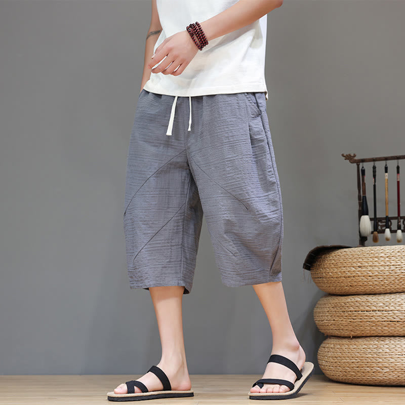 Buddha Stones Vintage Jacquard Solid Color Drawstring Cropped Cotton Linen Men's Harem Pants With Pockets - LightSlateGray - US/UK/AU44，EU54 (4XL) - image 0