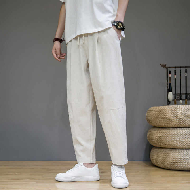 Buddha Stones Casual Pure Color Tapered Design Men's Cotton Linen Drawstring Pants With Pockets
