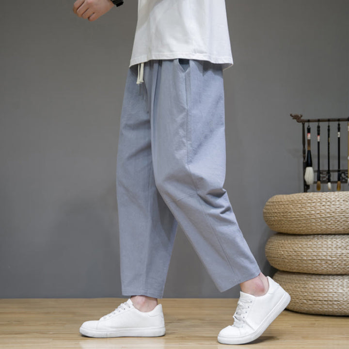 Buddha Stones Casual Pure Color Tapered Design Men's Cotton Linen Drawstring Pants With Pockets