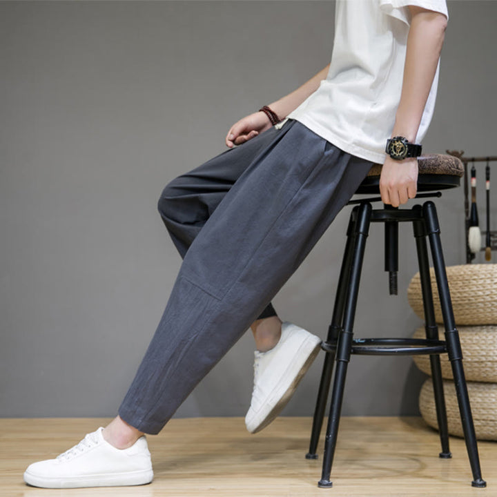 Buddha Stones Casual Pure Color Tapered Design Men's Cotton Linen Drawstring Pants With Pockets