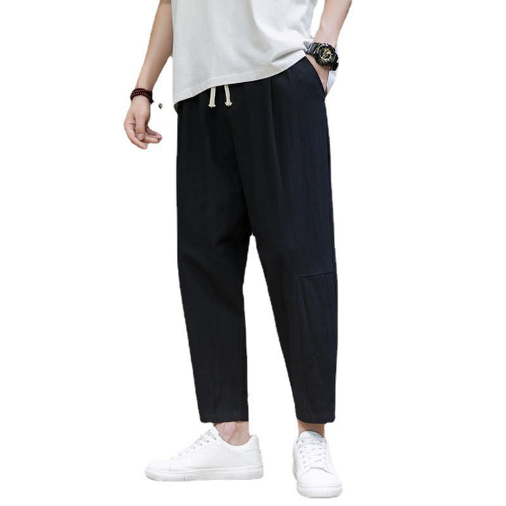 Buddha Stones Casual Pure Color Tapered Design Men's Cotton Linen Drawstring Pants With Pockets