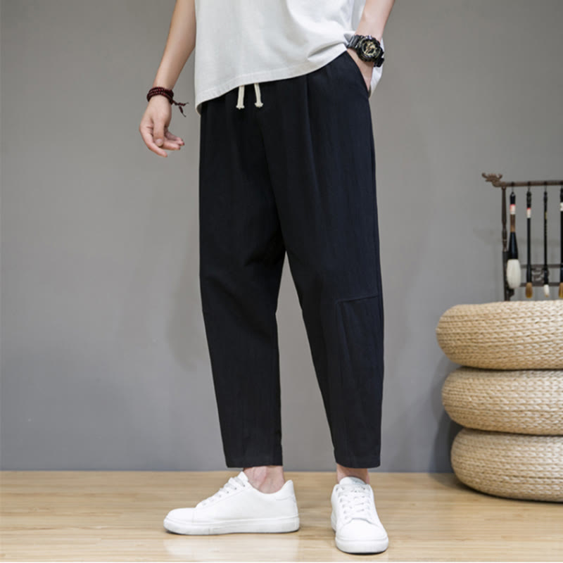 Buddha Stones Casual Pure Color Tapered Design Men's Cotton Linen Drawstring Pants With Pockets