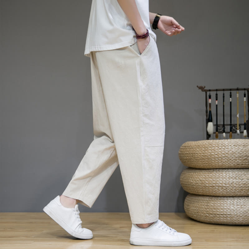 Buddha Stones Casual Pure Color Tapered Design Men's Cotton Linen Drawstring Pants With Pockets