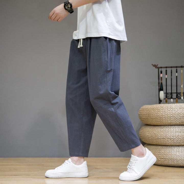 Buddha Stones Casual Pure Color Tapered Design Men's Cotton Linen Drawstring Pants With Pockets