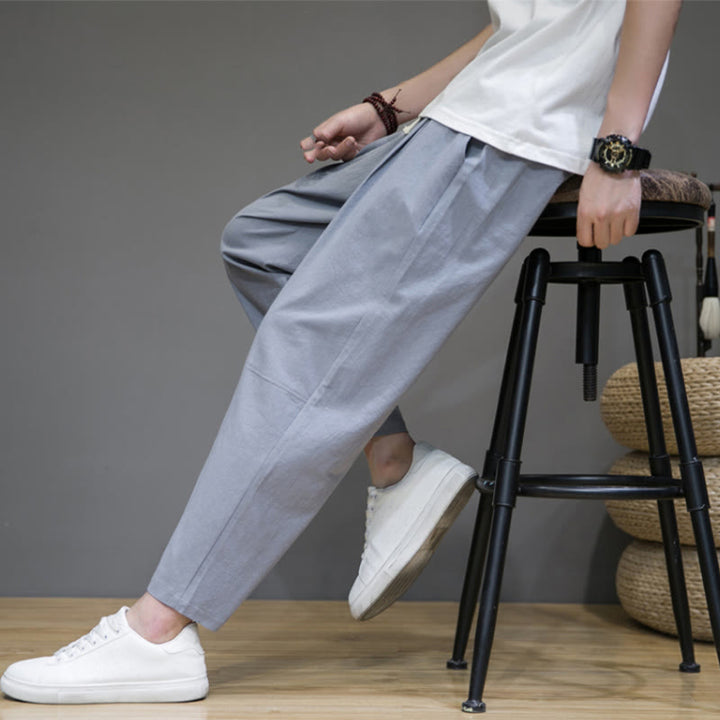Buddha Stones Casual Pure Color Tapered Design Men's Cotton Linen Drawstring Pants With Pockets
