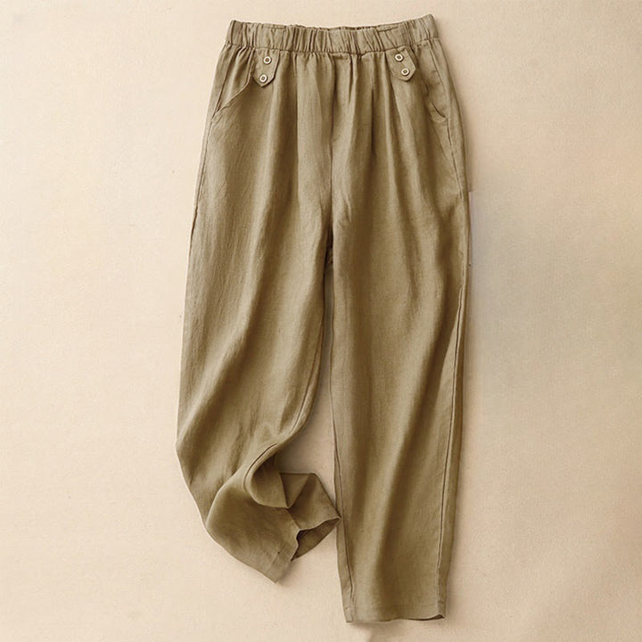 Buddha Stones Summer Plain Casual 7-8 Length Buttons Women's Cotton Linen Harem Pants With Pockets - Tan - US8-10，UK/AU12-14，EU40-42 (2XL) - image 0