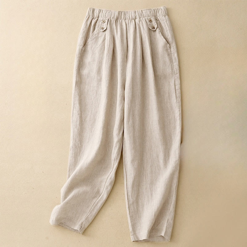 Buddha Stones Summer Plain Casual 7-8 Length Buttons Women's Cotton Linen Harem Pants With Pockets - Beige - US8-10，UK/AU12-14，EU40-42 (2XL) - image 10