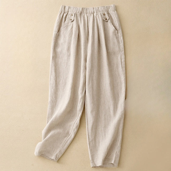 Buddha Stones Summer Plain Casual 7-8 Length Buttons Women's Cotton Linen Harem Pants With Pockets - Beige - US8-10，UK/AU12-14，EU40-42 (2XL) - image 10