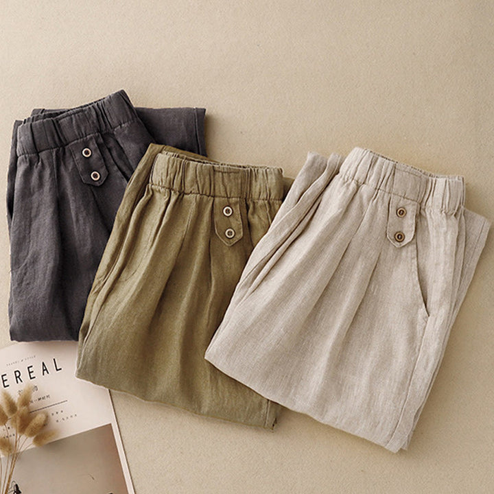 Buddha Stones Summer Plain Casual 7-8 Length Buttons Women's Cotton Linen Harem Pants With Pockets - image 21