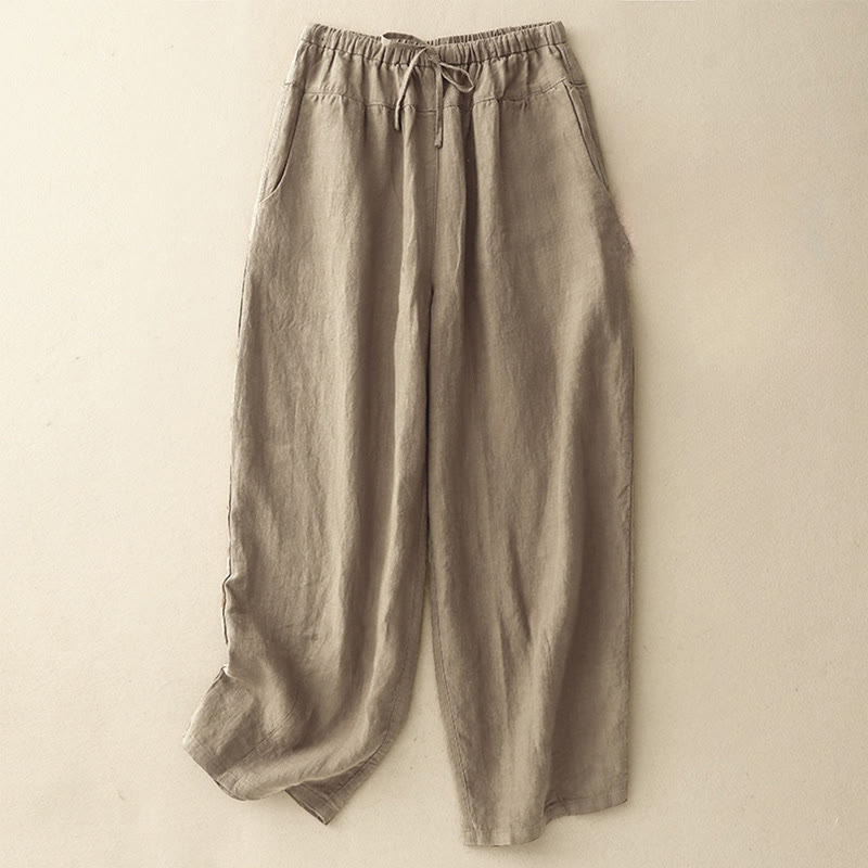 Buddha Stones Summer Plain Casual 7-8 Length Lace-up Women's Cotton Linen Harem Pants With Pockets - Tan - US8-10，UK/AU12-14，EU40-42 (2XL) - image 0