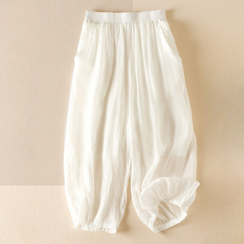 Buddha Stones Summer Plain Casual Cropped Pants Women's Double Layer Cotton Linen Harem Pants With Pockets