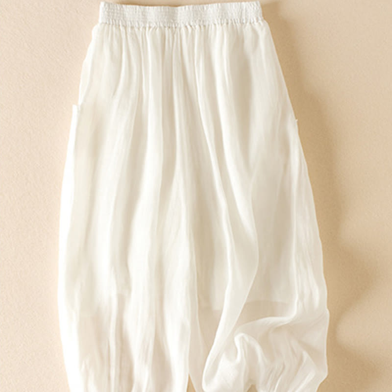 Buddha Stones Summer Plain Casual Cropped Pants Women's Double Layer Cotton Linen Harem Pants With Pockets