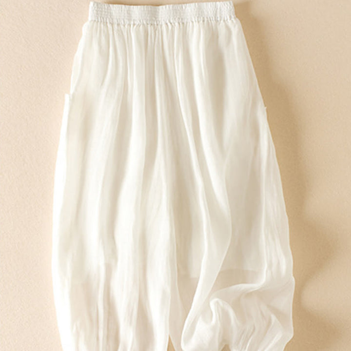 Buddha Stones Summer Plain Casual Cropped Pants Women's Double Layer Cotton Linen Harem Pants With Pockets