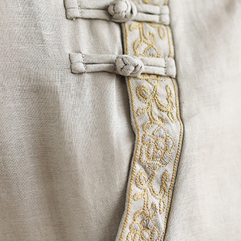 Buddha Stones Casual Women's Embroidered Flower Pattern Frog-Button Crew Neck Design Half Sleeve Cotton Linen Shirt - image 11