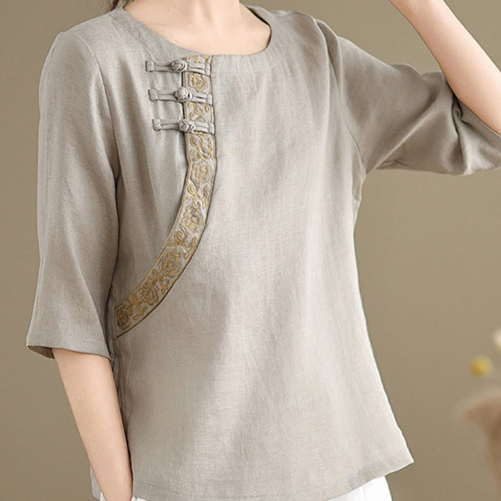 Buddha Stones Casual Women's Embroidered Flower Pattern Frog-Button Crew Neck Design Half Sleeve Cotton Linen Shirt - image 4