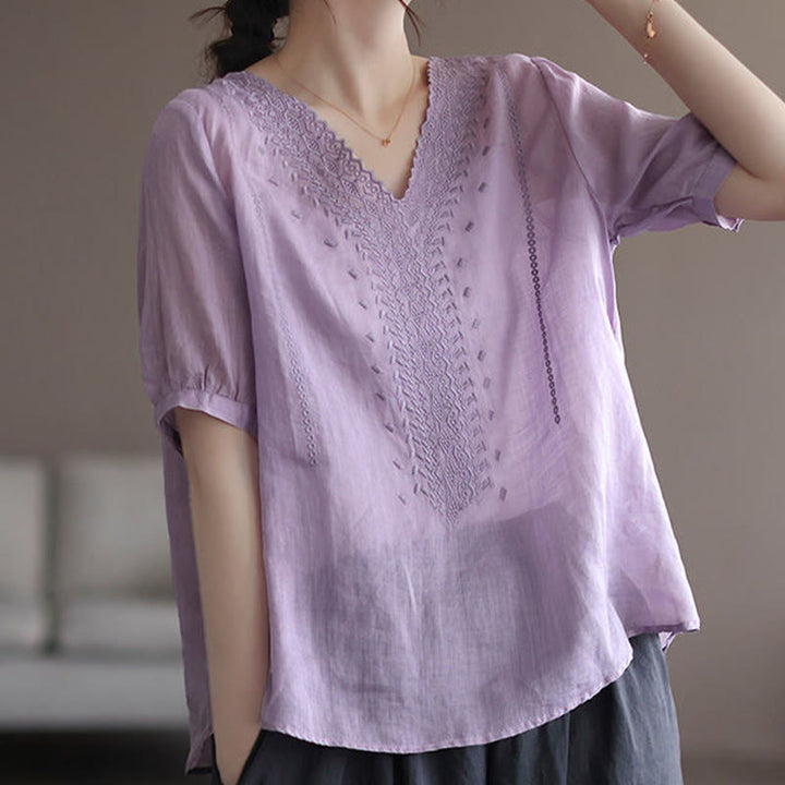 Buddha Stones Summer Casual Embroidered Pattern Women's V-Neck Design Half Sleeve Cotton Linen T-shirt - Plum - US8-10，UK/AU12-14，EU40-42 (2XL) - image 0