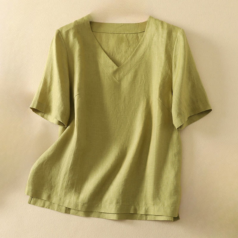 Buddha Stones Summer Casual Plain Polyester Women's V-neck Design Half Sleeve T-shirt - YellowGreen - US8-10，UK/AU12-14，EU40-42 (2XL) - image 0