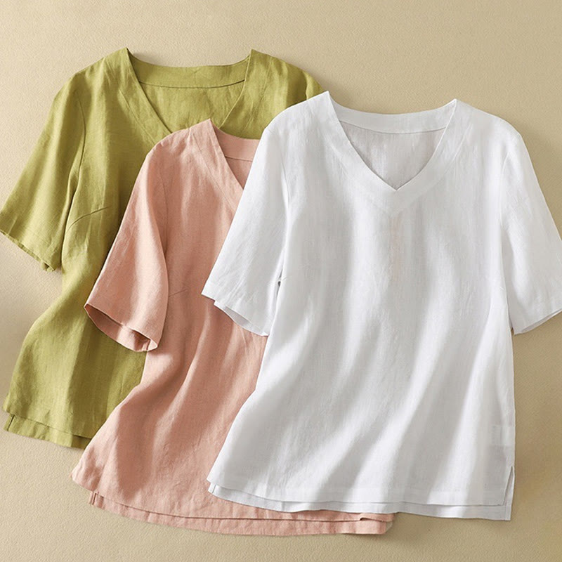 Buddha Stones Summer Casual Plain Polyester Women's V-neck Design Half Sleeve T-shirt - image 20