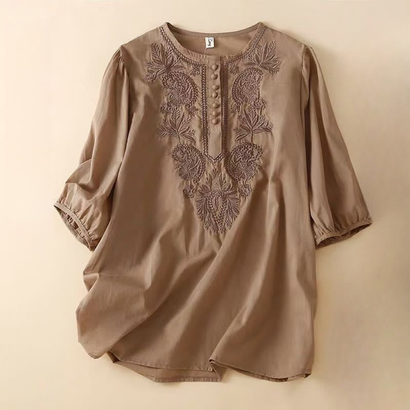 Buddha Stones Casual Women's Embroidered Flower Pattern Crew Neck Design Half Sleeve Cotton Linen Shirt - SaddleBrown - US8-10，UK/AU12-14，EU40-42 (2XL) - image 0