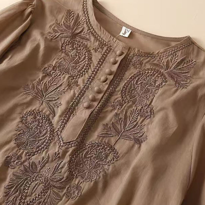 Buddha Stones Casual Women's Embroidered Flower Pattern Crew Neck Design Half Sleeve Cotton Linen Shirt - image 2