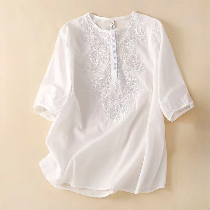 Buddha Stones Casual Women's Embroidered Flower Pattern Crew Neck Design Half Sleeve Cotton Linen Shirt - White - US8-10，UK/AU12-14，EU40-42 (2XL) - image 9