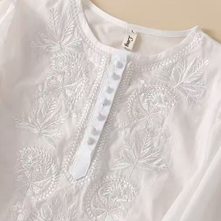 Buddha Stones Casual Women's Embroidered Flower Pattern Crew Neck Design Half Sleeve Cotton Linen Shirt - image 13