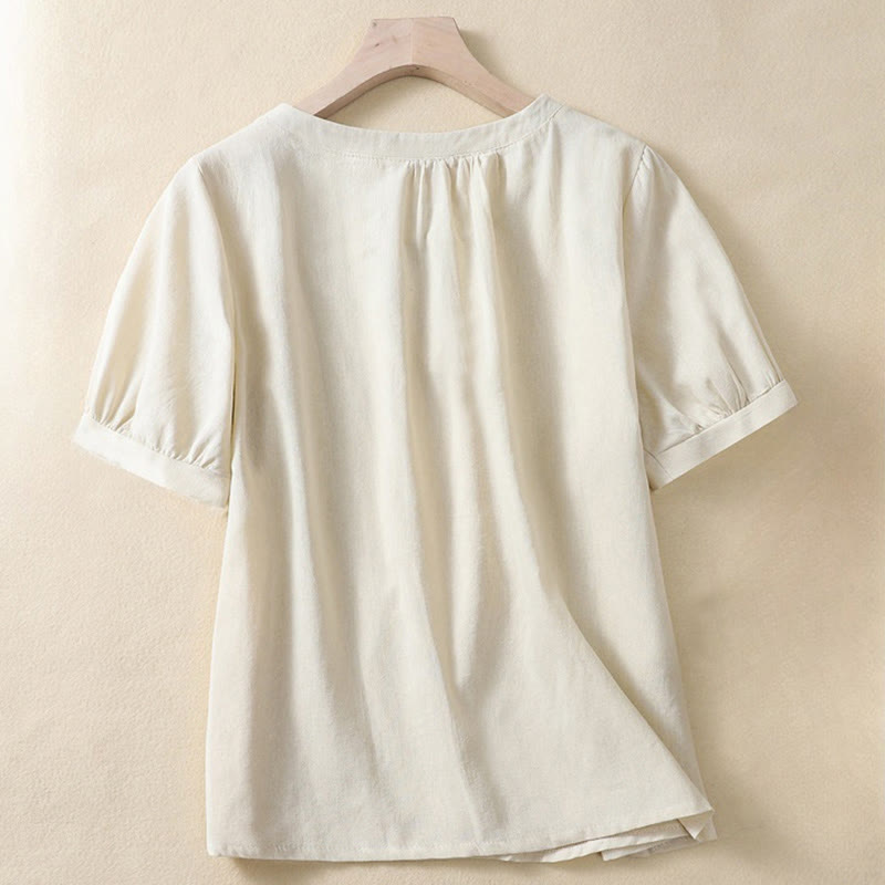 Buddha Stones Casual Women's Plain Crew Neck Button Design Half Sleeve Linen Shirt - image 1