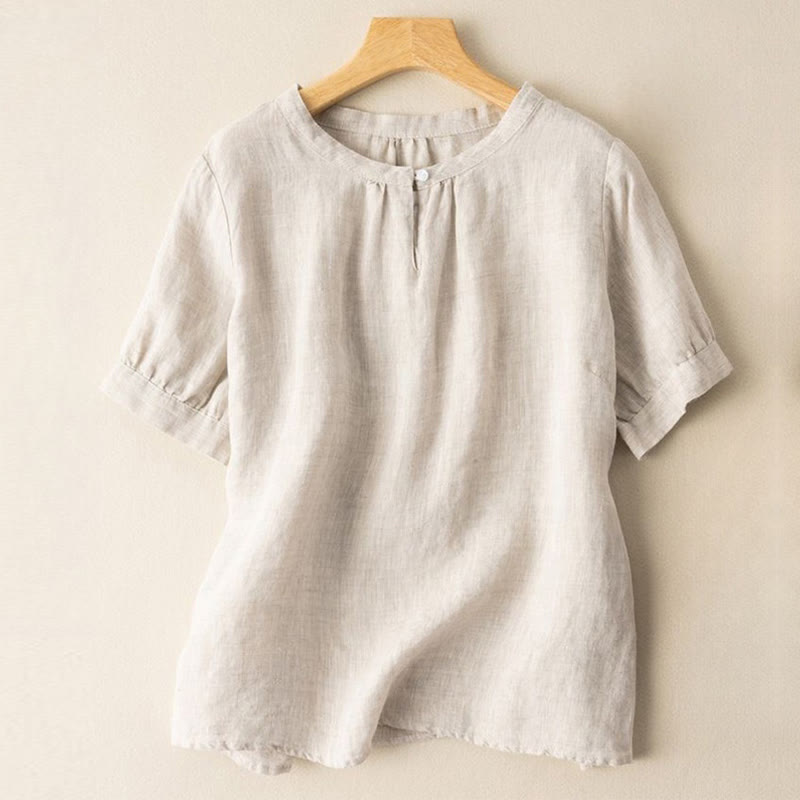 Buddha Stones Casual Women's Plain Crew Neck Button Design Half Sleeve Linen Shirt - Beige - US8-10，UK/AU12-14，EU40-42 (2XL) - image 0