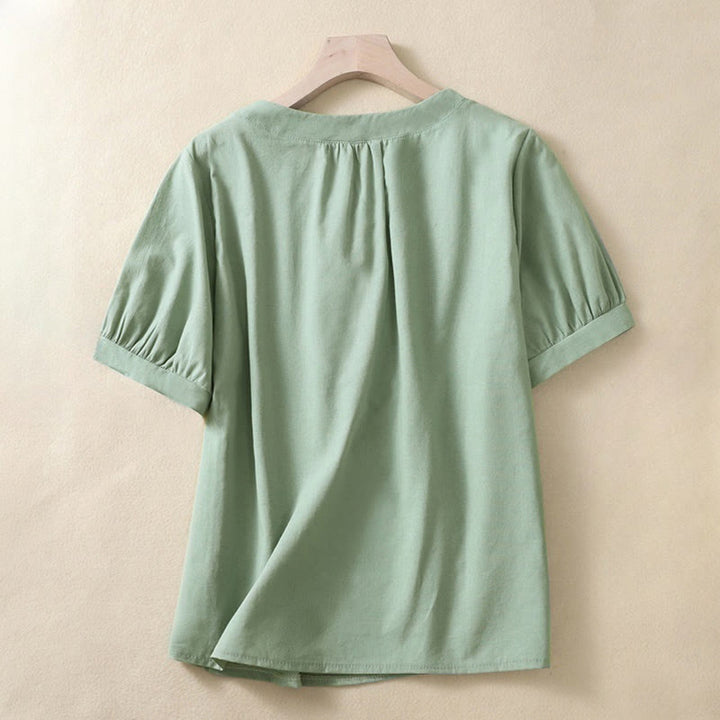 Buddha Stones Casual Women's Plain Crew Neck Button Design Half Sleeve Linen Shirt - DarkSeaGreen - US8-10，UK/AU12-14，EU40-42 (2XL) - image 4
