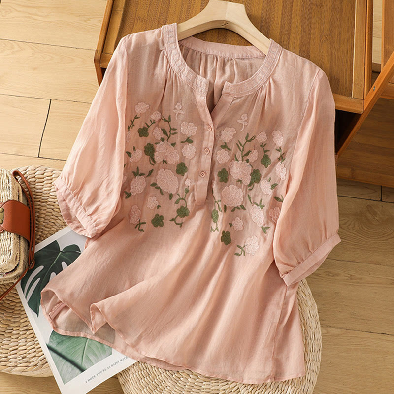 Buddha Stones Casual Women's Flowers Green Leaves Embroidery Pattern V-Neck Design Half Sleeve Cotton Linen Shirt - image 1