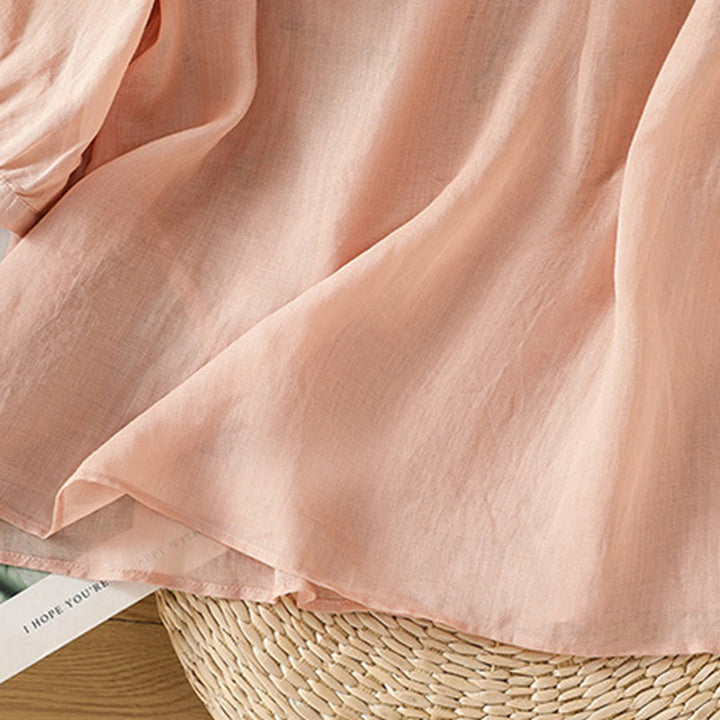 Buddha Stones Casual Women's Flowers Green Leaves Embroidery Pattern V-Neck Design Half Sleeve Cotton Linen Shirt - image 6