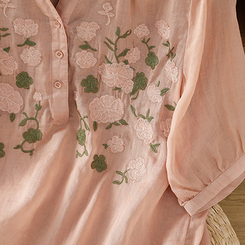 Buddha Stones Casual Women's Flowers Green Leaves Embroidery Pattern V-Neck Design Half Sleeve Cotton Linen Shirt - image 8