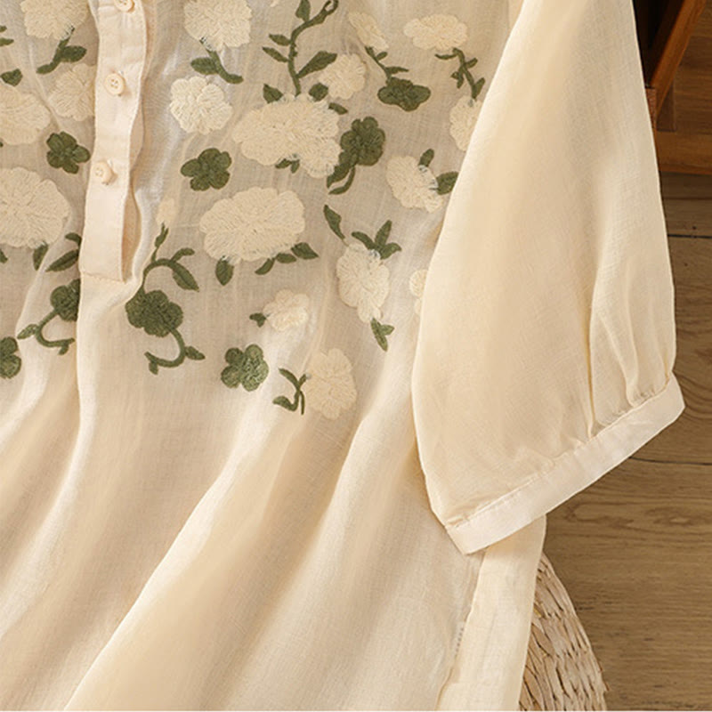 Buddha Stones Casual Women's Flowers Green Leaves Embroidery Pattern V-Neck Design Half Sleeve Cotton Linen Shirt - image 15