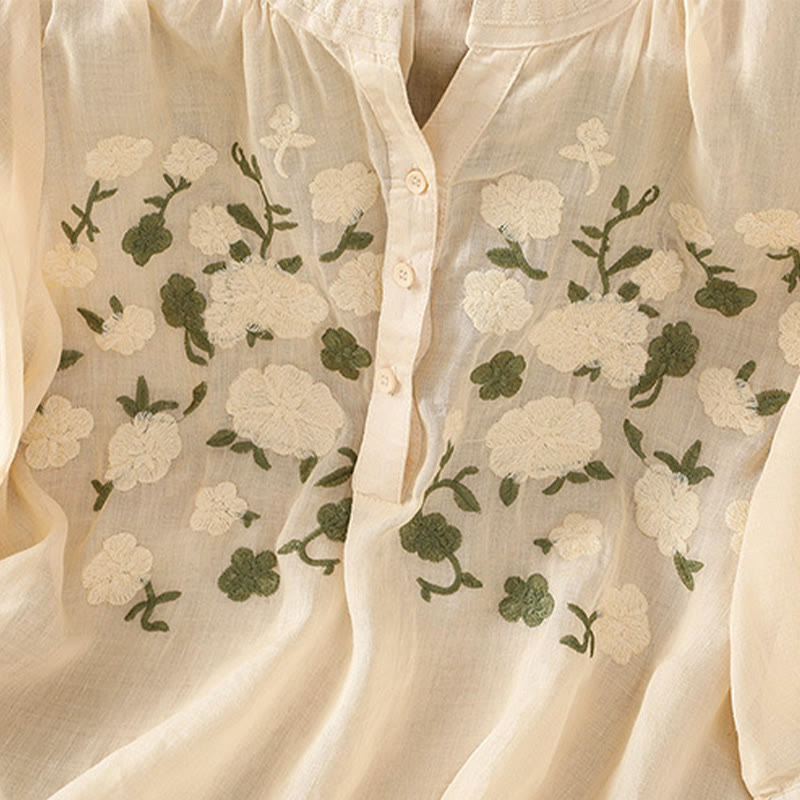 Buddha Stones Casual Women's Flowers Green Leaves Embroidery Pattern V-Neck Design Half Sleeve Cotton Linen Shirt - image 10