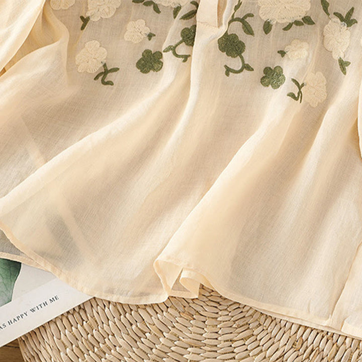 Buddha Stones Casual Women's Flowers Green Leaves Embroidery Pattern V-Neck Design Half Sleeve Cotton Linen Shirt - image 13