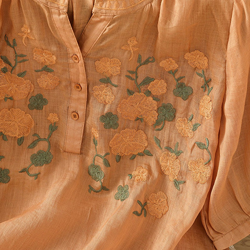 Buddha Stones Casual Women's Flowers Green Leaves Embroidery Pattern V-Neck Design Half Sleeve Cotton Linen Shirt - image 17