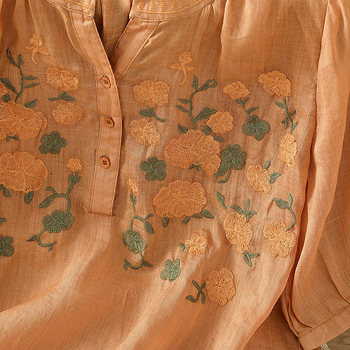 Buddha Stones Casual Women's Flowers Green Leaves Embroidery Pattern V-Neck Design Half Sleeve Cotton Linen Shirt - image 17