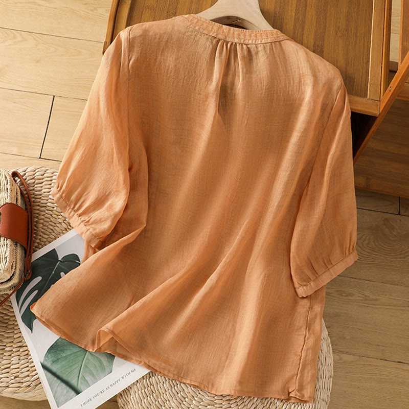 Buddha Stones Casual Women's Flowers Green Leaves Embroidery Pattern V-Neck Design Half Sleeve Cotton Linen Shirt - image 20