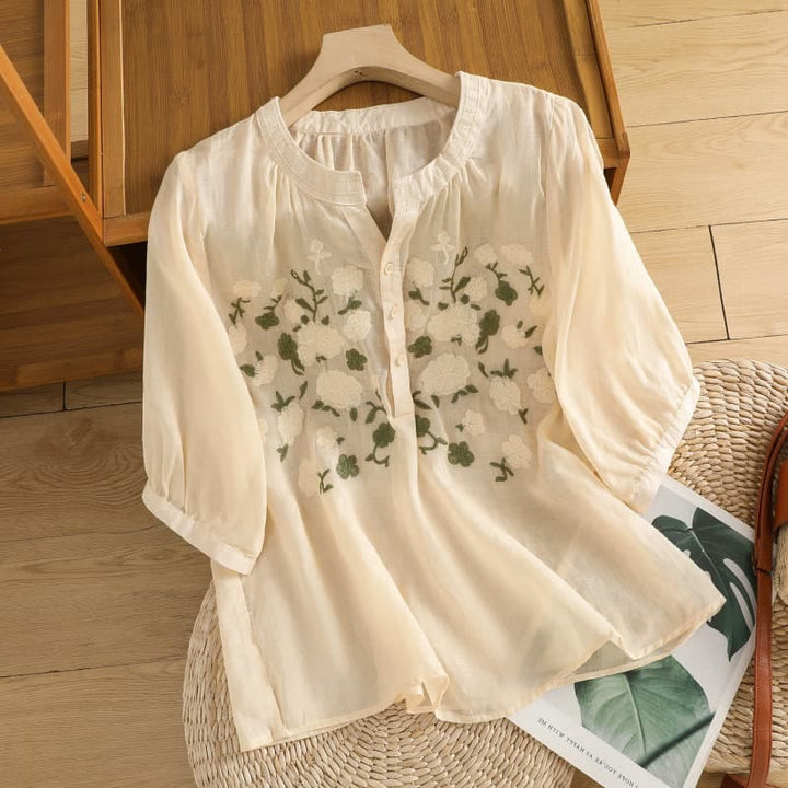 Buddha Stones Casual Women's Flowers Green Leaves Embroidery Pattern V-Neck Design Half Sleeve Cotton Linen Shirt - PapayaWhip - US8-10，UK/AU12-14，EU40-42 (2XL) - image 9