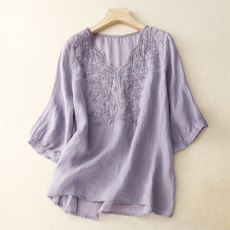 Buddha Stones Summer Casual Embroidered Flowers Women's V-neck Design Half Sleeve Acrylic T-shirt - Plum - US8-10，UK/AU12-14，EU40-42 (2XL) - image 0