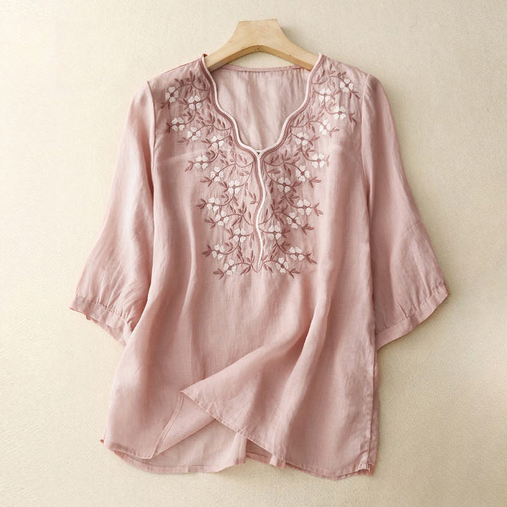 Buddha Stones Summer Casual Embroidered Flowers Women's V-neck Design Half Sleeve Acrylic T-shirt - Pink - US8-10，UK/AU12-14，EU40-42 (2XL) - image 6