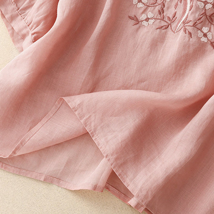 Buddha Stones Summer Casual Embroidered Flowers Women's V-neck Design Half Sleeve Acrylic T-shirt - image 10