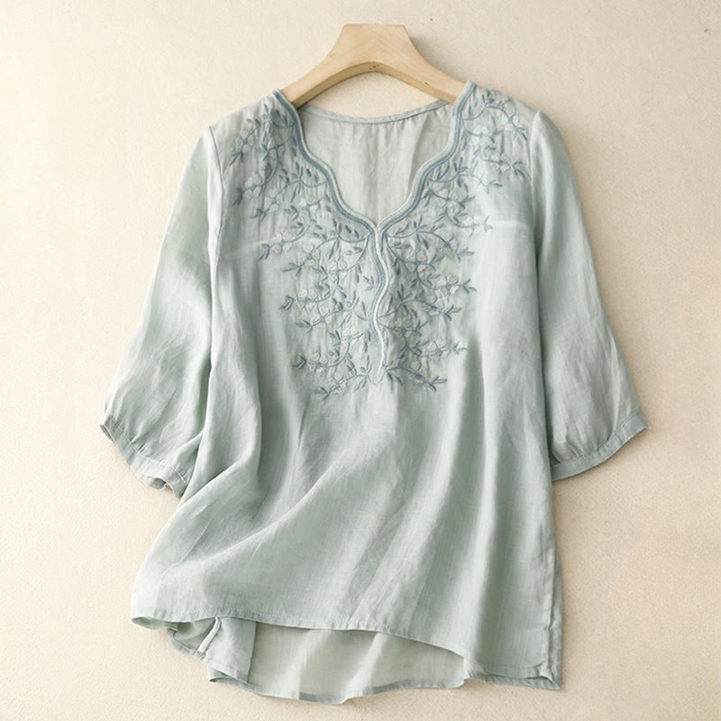 Buddha Stones Summer Casual Embroidered Flowers Women's V-neck Design Half Sleeve Acrylic T-shirt - PowderBlue - US8-10，UK/AU12-14，EU40-42 (2XL) - image 12