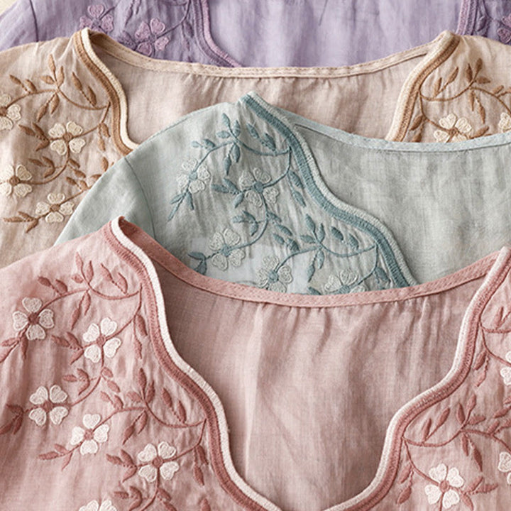 Buddha Stones Summer Casual Embroidered Flowers Women's V-neck Design Half Sleeve Acrylic T-shirt - image 23