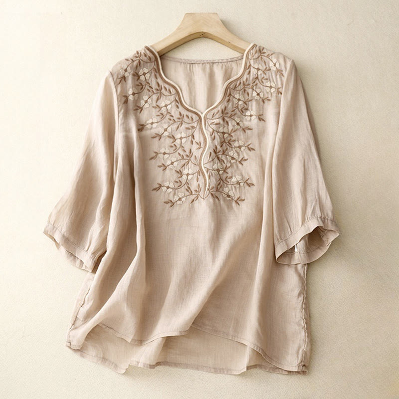 Buddha Stones Summer Casual Embroidered Flowers Women's V-neck Design Half Sleeve Acrylic T-shirt - Bisque - US8-10，UK/AU12-14，EU40-42 (2XL) - image 18