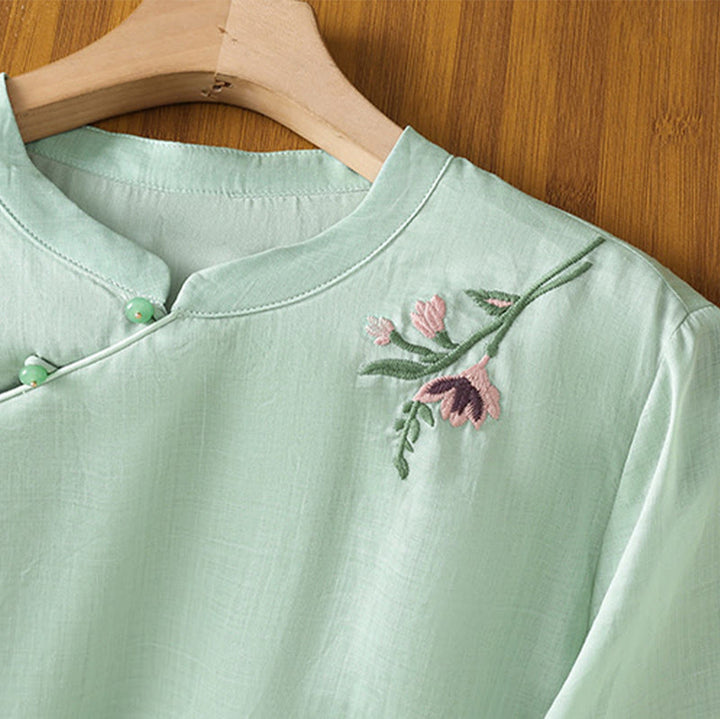 Buddha Stones Casual Women's Flowers Leaves Embroidery Pattern Frog-Button Crew Neck Design Half Sleeve Cotton Linen Shirt - image 2