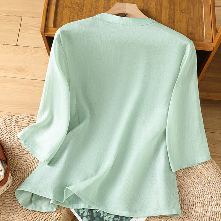 Buddha Stones Casual Women's Flowers Leaves Embroidery Pattern Frog-Button Crew Neck Design Half Sleeve Cotton Linen Shirt - image 1