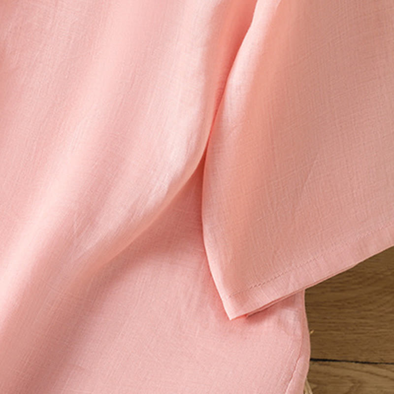 Buddha Stones Casual Women's Flowers Leaves Embroidery Pattern Frog-Button Crew Neck Design Half Sleeve Cotton Linen Shirt - image 11